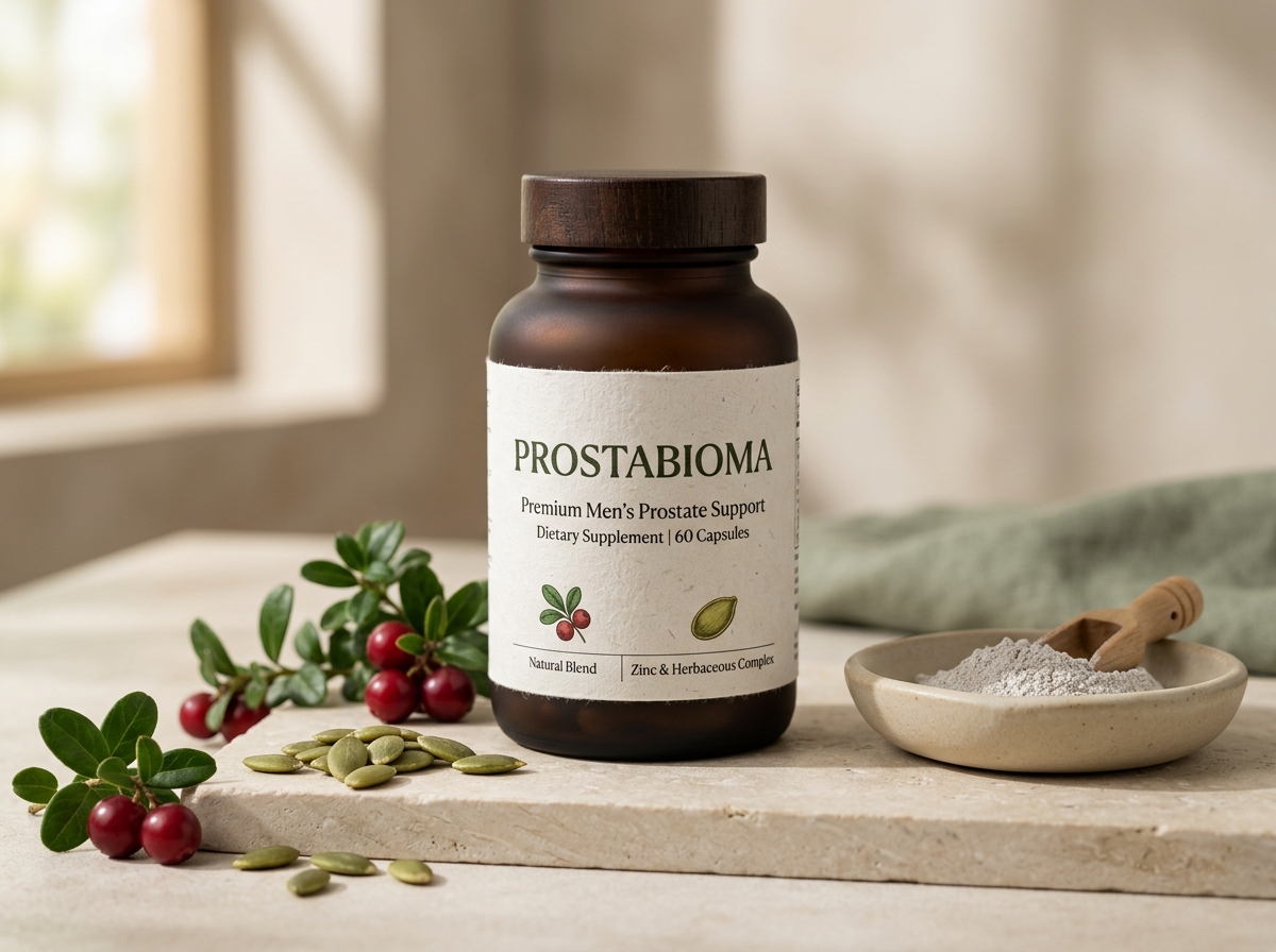 Frasco de Prostabioma con ingredientes botánicos naturales